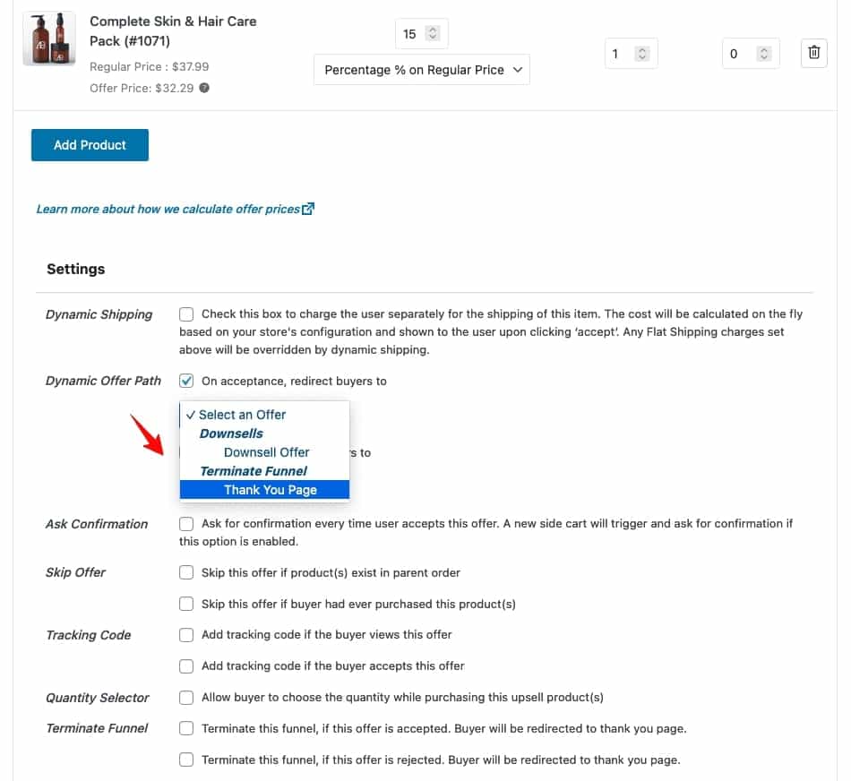 Upsell on acceptance, redirect buyers to option
