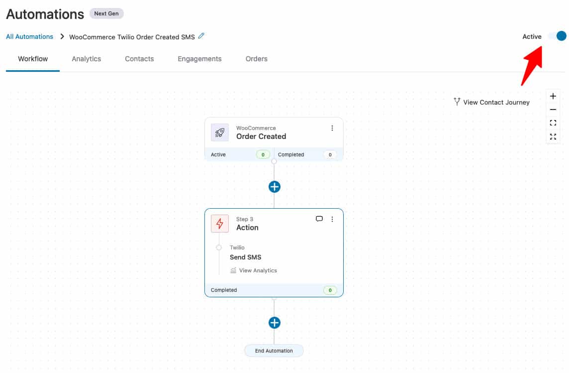 Activate your WooCommerce Twilio SMS automation by clicking on the toggle to ‘Active’
