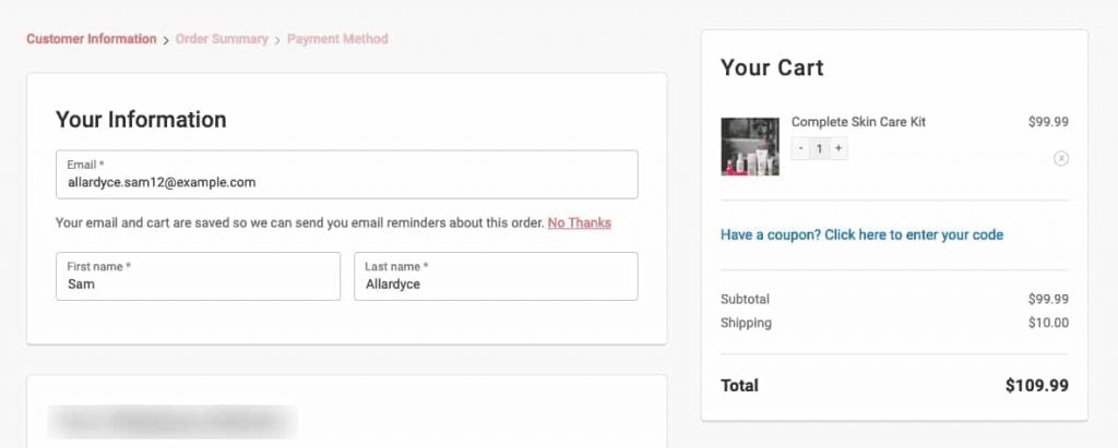 The three-step checkout form along with the WooCommerce mini cart section