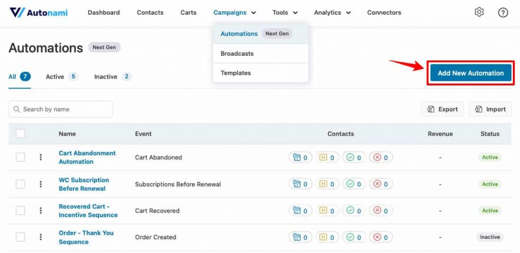 Go to Automations under Campaigns and click on Add New Automation