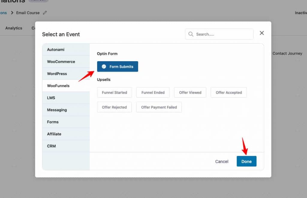 Select the event ‘Form submits’ under the FunnelKit (formerly WooFunnels) Optin form