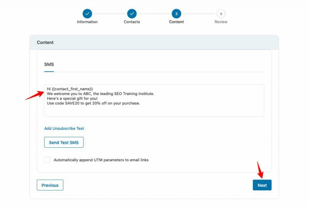 Add your SMS content in FunnelKit Automations