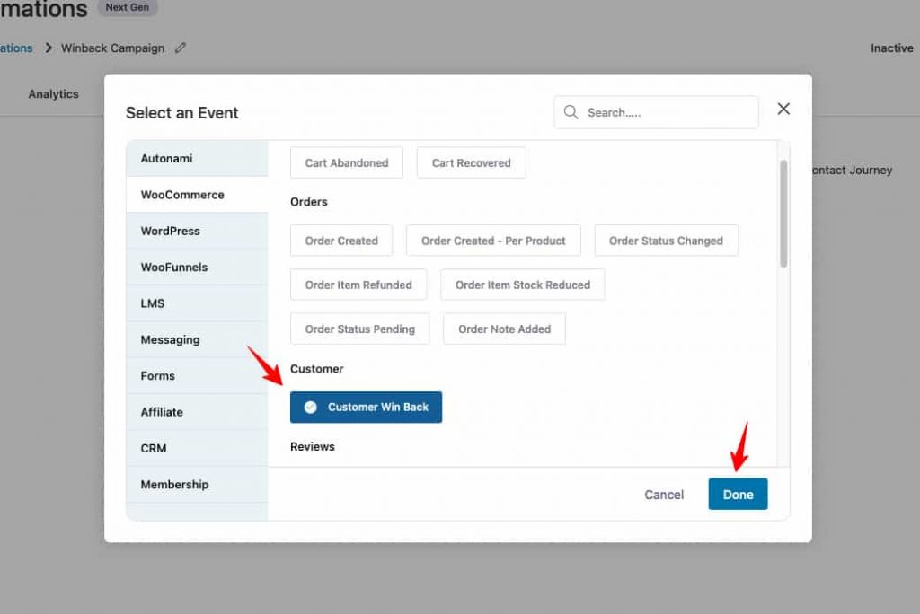 Select the event - 'Customer Win Back' under WooCommerce