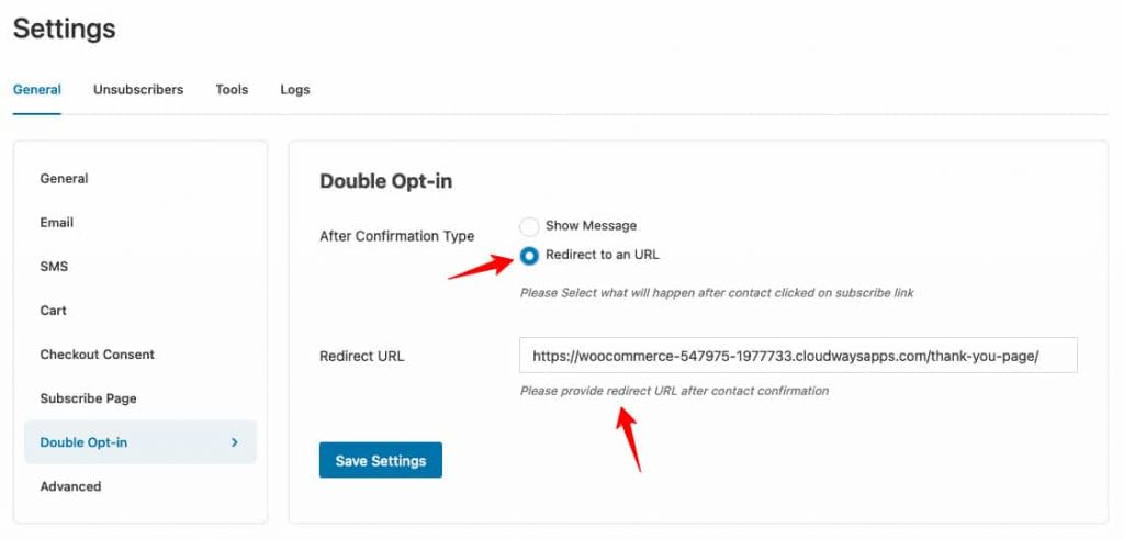 Redirect to an URL Double Opt-in