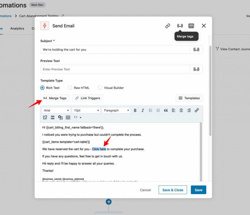 Start composing your email and then click on Merge Tags