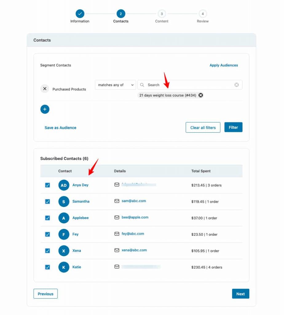 Click on Filter to show the contacts matching your filter