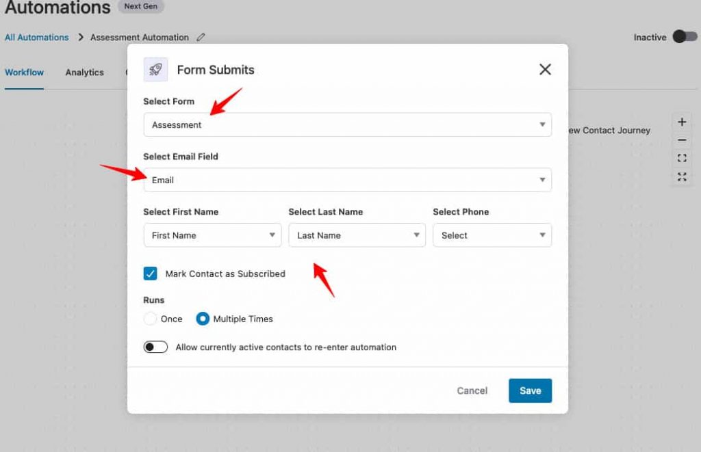 From the drop-down menu that shows up next, select the signup form and email field you wish to map for this automation