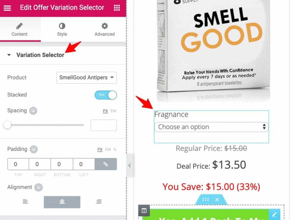 Variation selector widget to design your multiple one-click upsells