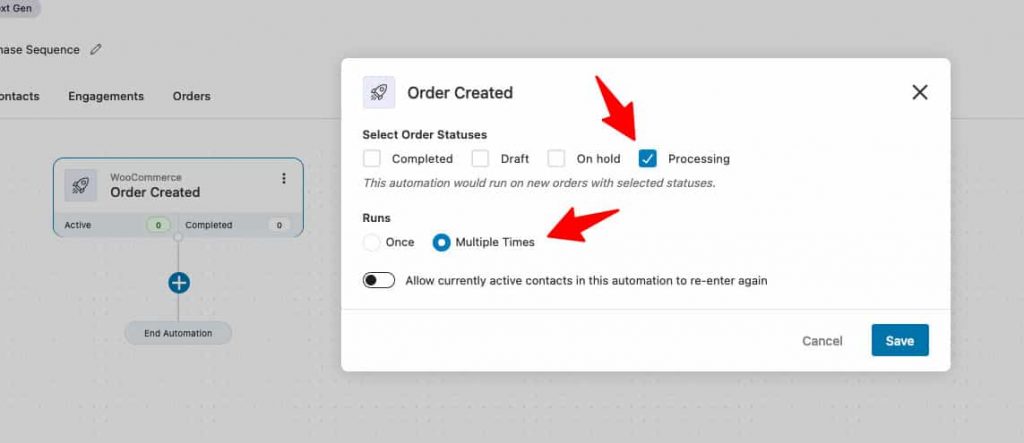 Configure your event trigger by selecting the order statuses and automation runs