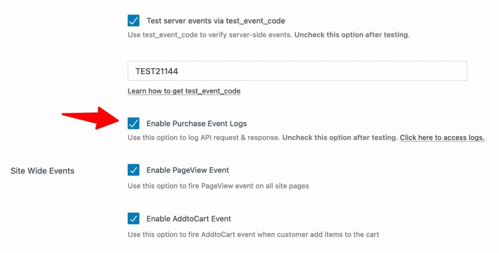 Enable the purchase event logs