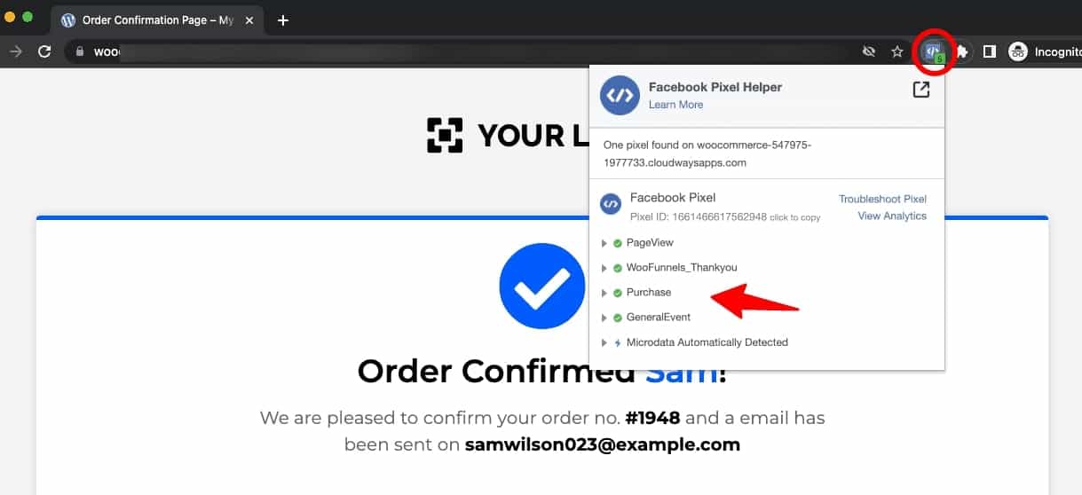 WooCommerce Facebook Pixel - Make a purchase and you'll see the 'Purchase' event gets fired