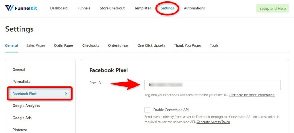 Paste the WooCommerce Facebook Pixel ID into the Funnel Builder