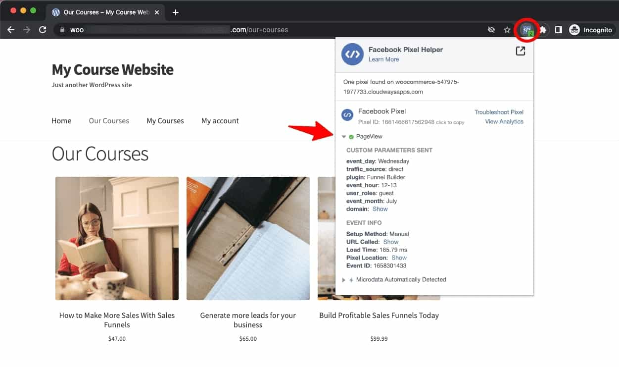 WooCommerce Facebook Pixel - On your product page, you’ll be able to see the ‘PageView’ event gets fired