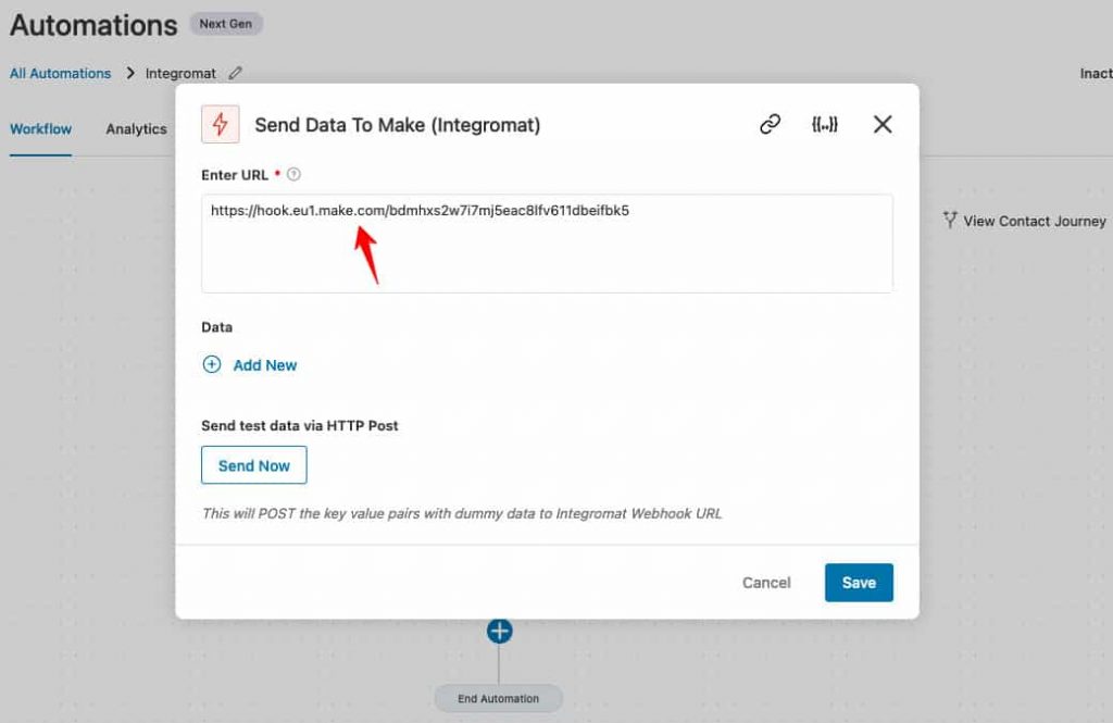 Paste the copied webhook URL from Integromat into FunnelKit Automations