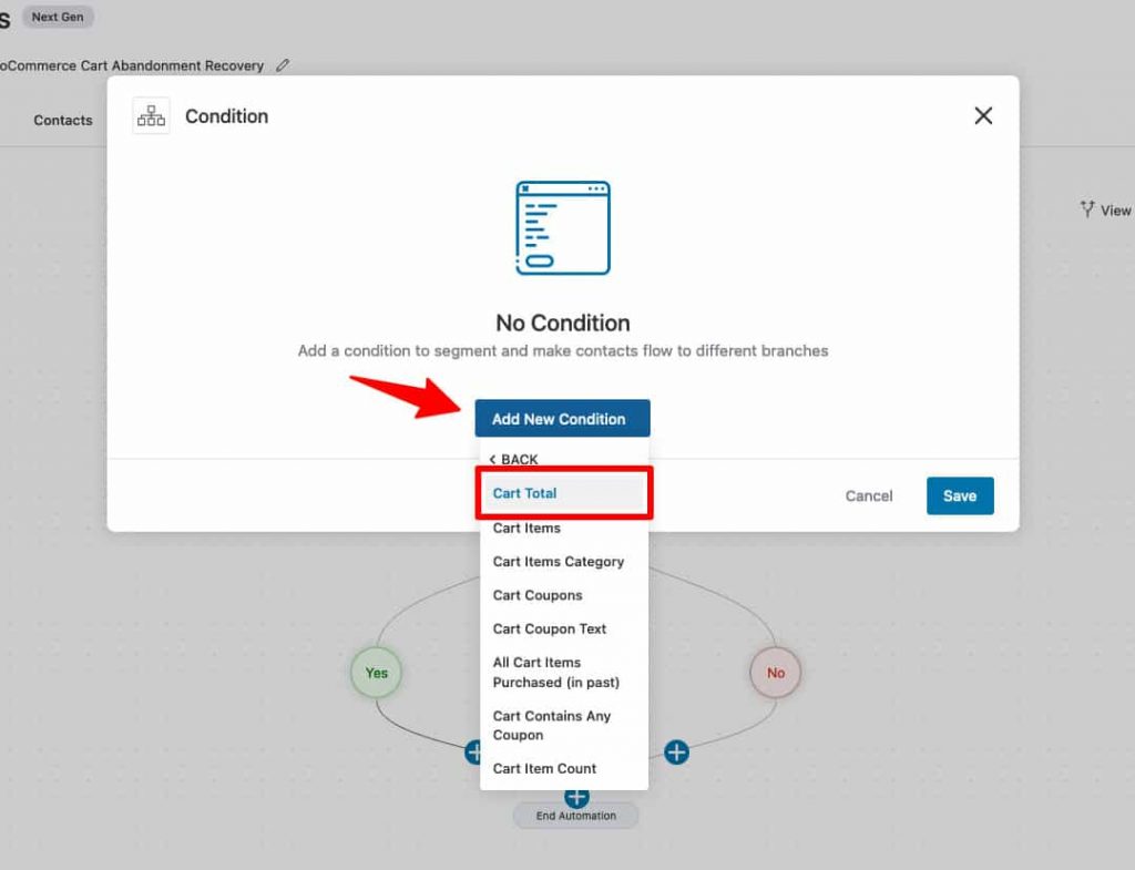 Select the cart total condition in FunnelKit Automations