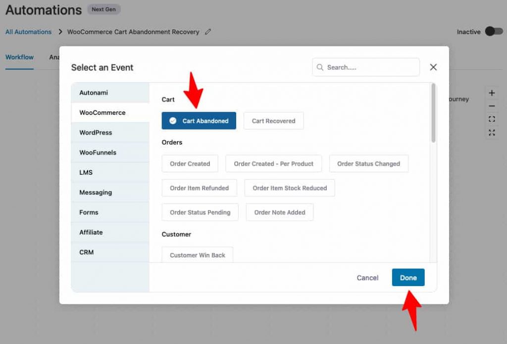 Select the Cart abandonment event under WooCommerce