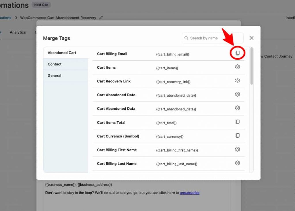 Copy the 'Cart Billing Email' merge tag