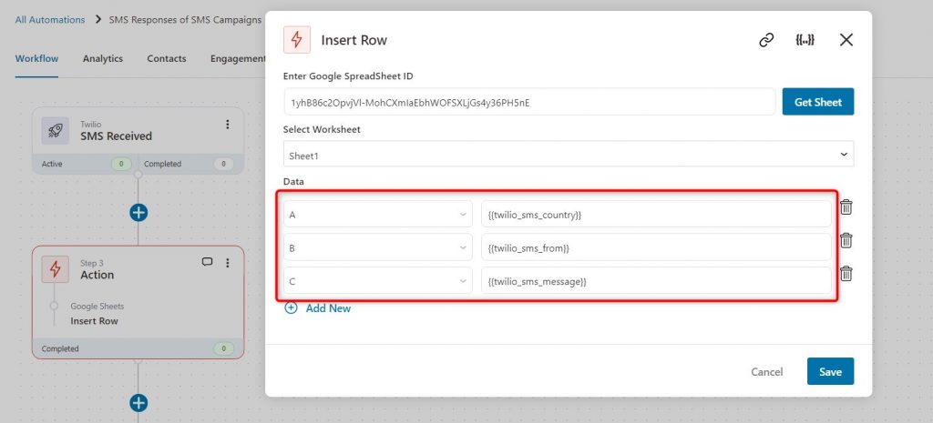 pasting the relevant merge tags - SMS-related woocommerce-google sheets integration