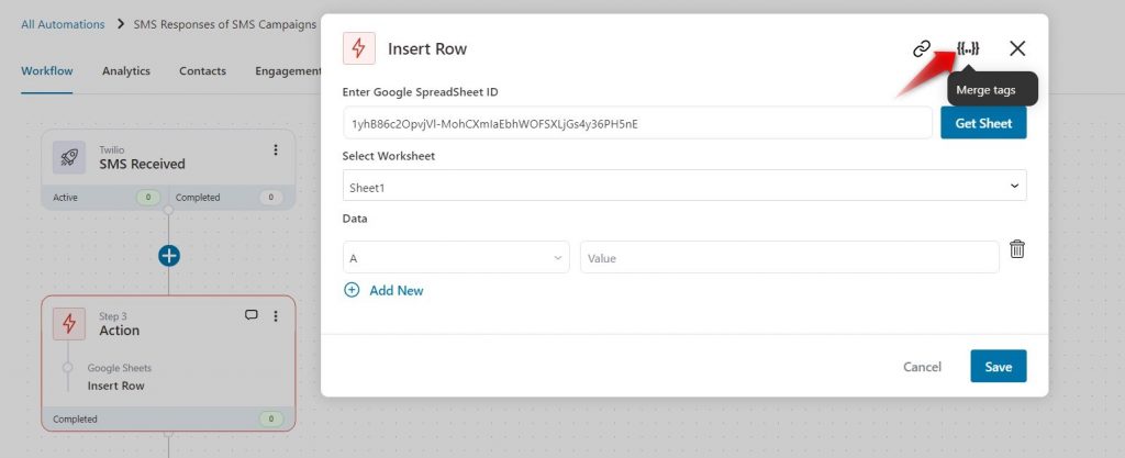 adding a merge tag - SMS-related woocommerce-google sheets integration