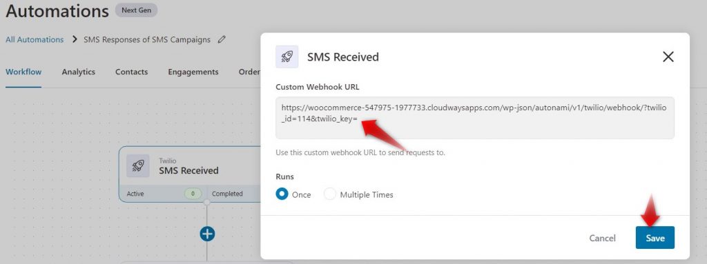 copying the webhook url - SMS-related woocommerce-google sheets integration
