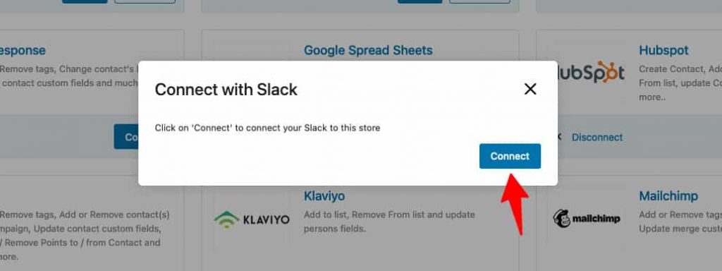 Connect button to connect slack to FunnelKit Automations
