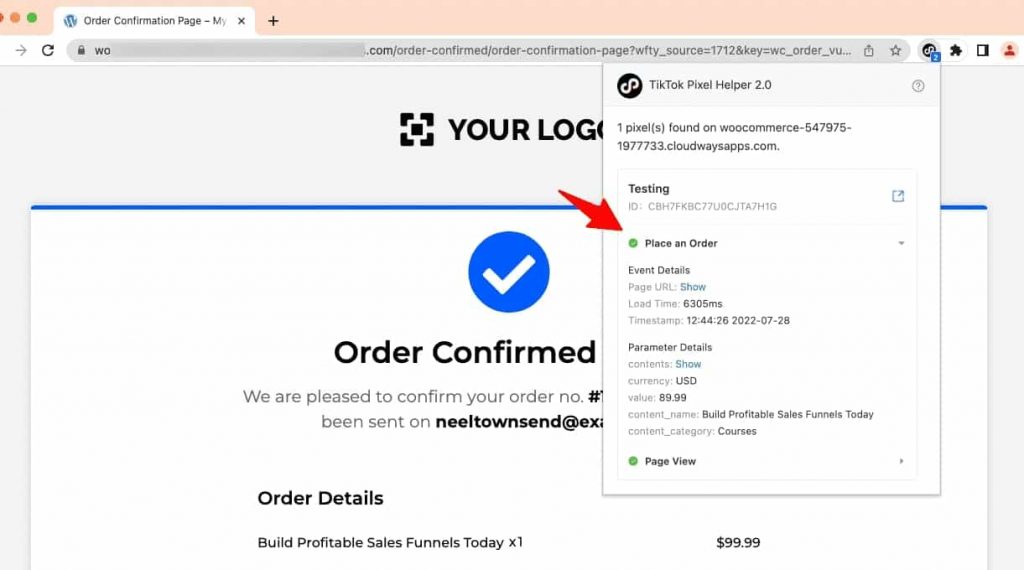 Pixel implementation testing - Page View and Place an order events fired on the order confirmation page