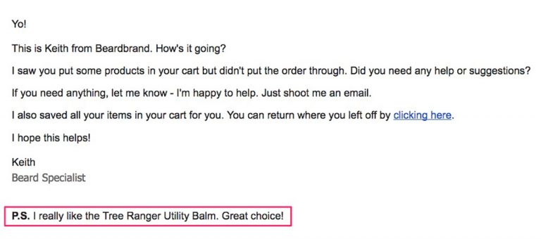 WooCommerce Cart abandonment example - product aware email from Beardbrand