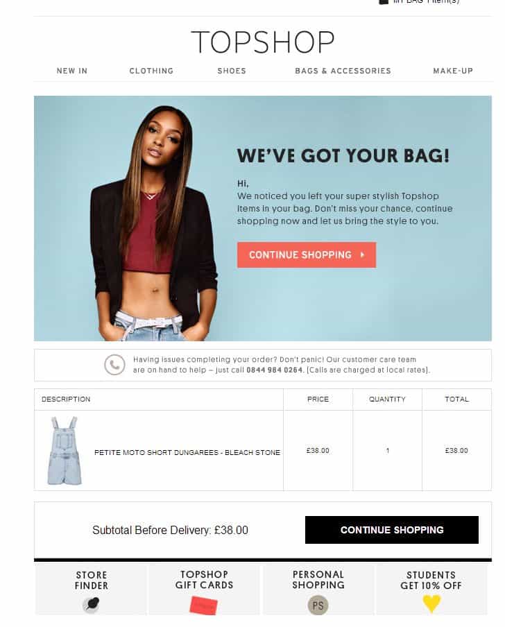 Cart abandonment example from Top Shop