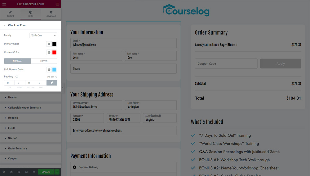 Go to the checkout form widget and configure the ‘Style’ options