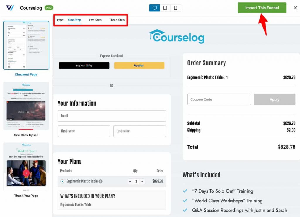 Choose the number of steps you want on your checkout page and import the funnel