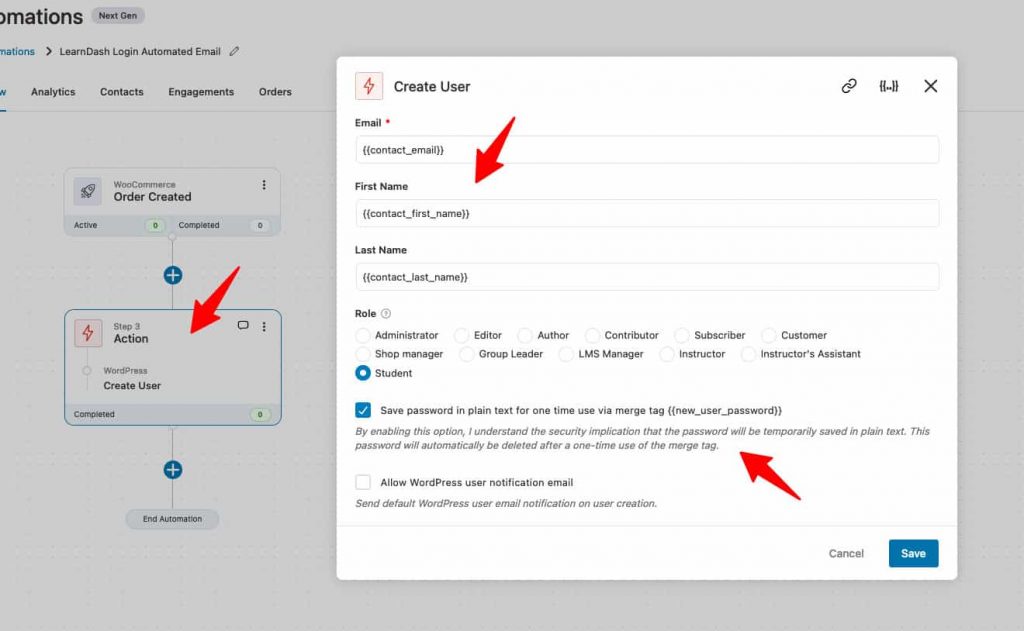 Specify the role as ‘Student’ and enable the option to "save password in plain text for one-time use"