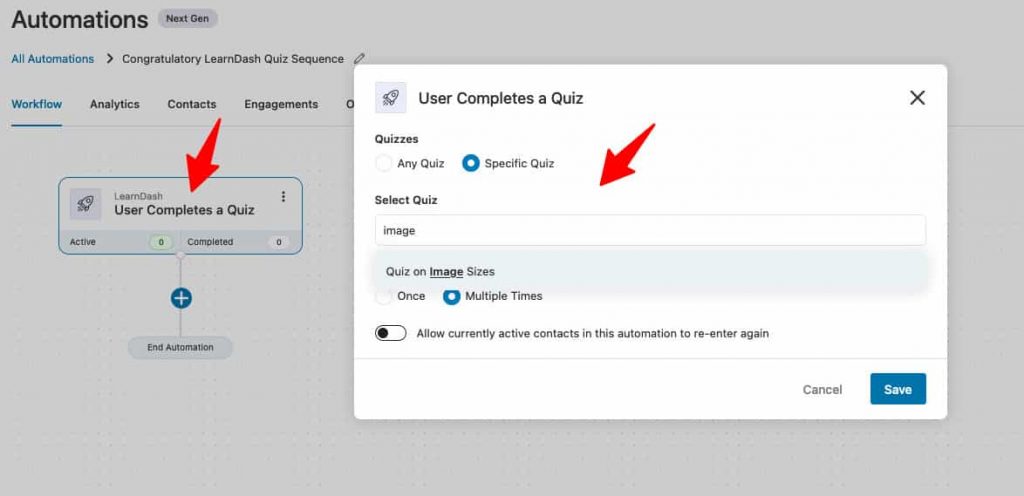 Configure the LearnDash 'user completes a quiz' event trigger