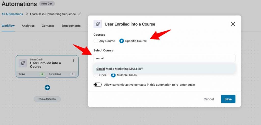 Configure your event node by specifying the name of your course and automation runs