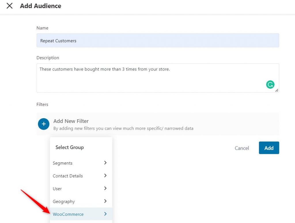 adding WooCommerce filter to create repeat customers audience segment