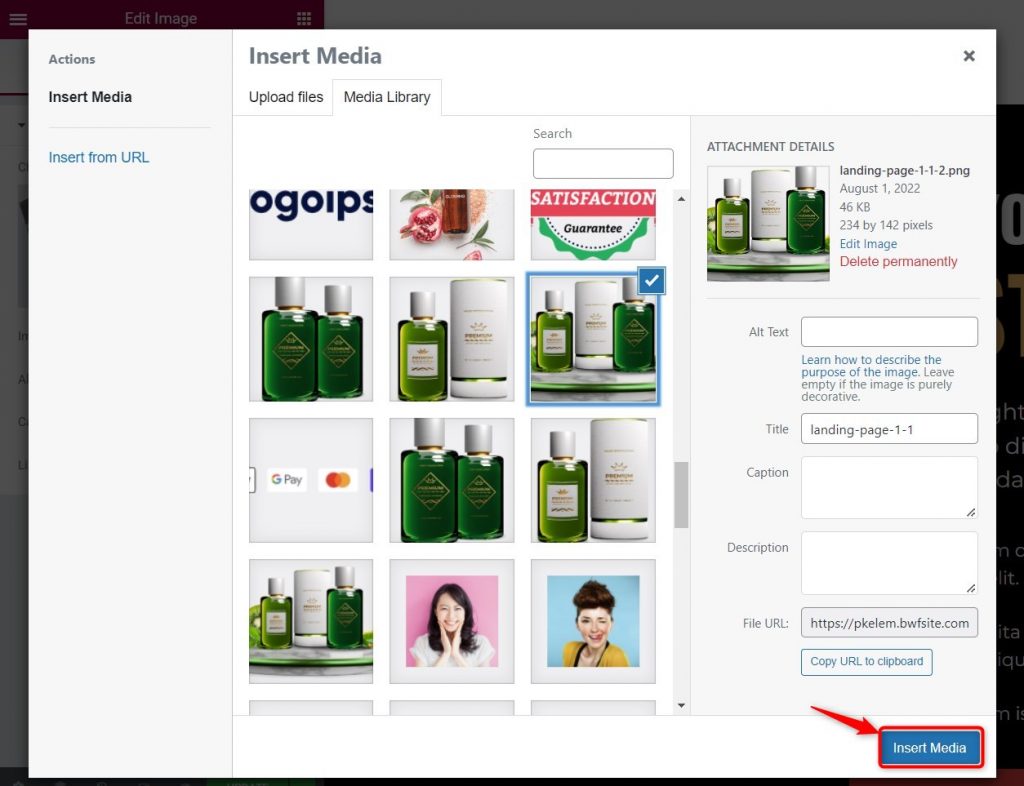 inserting image media to the Elementor sales page template