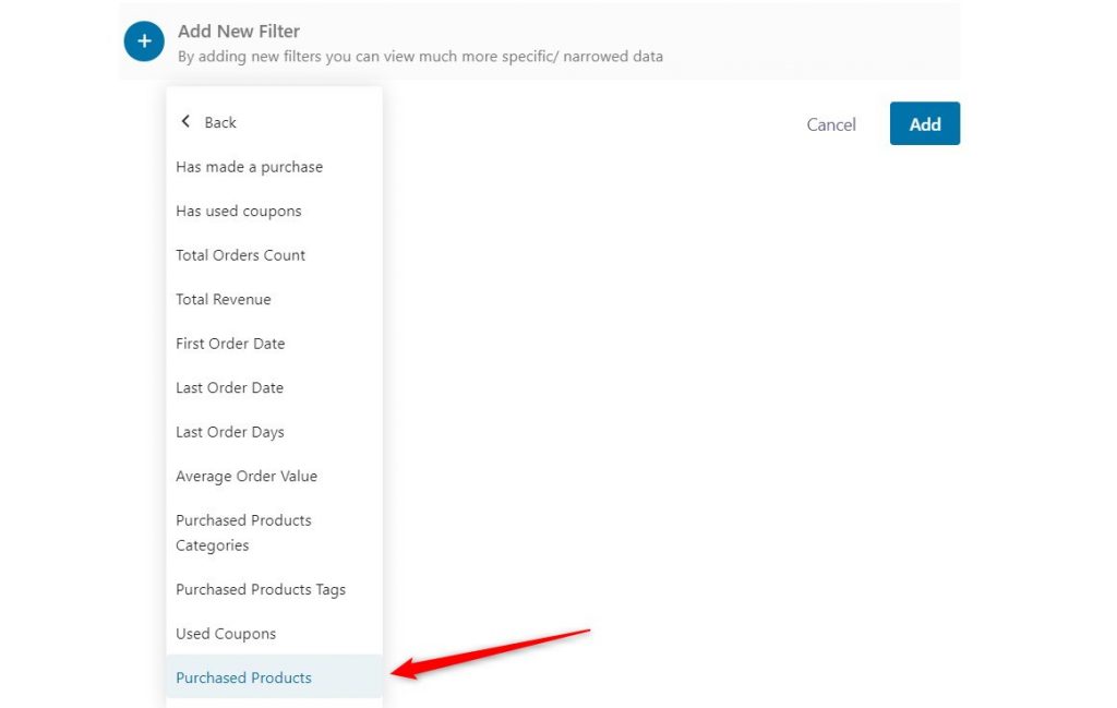 adding a Purchased Products filter