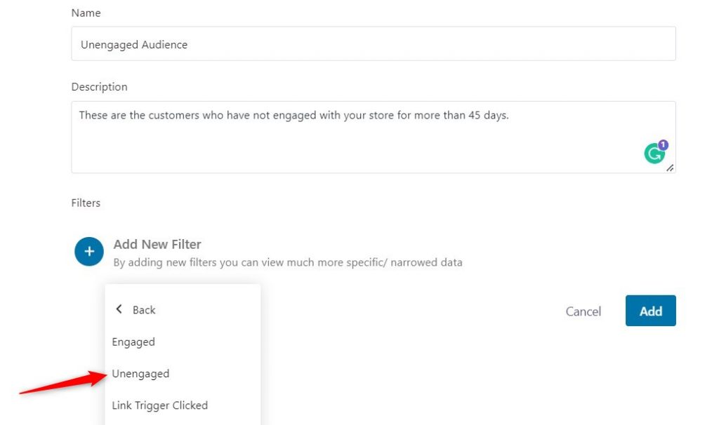 adding the unengaged filter in FunnelKit Automations