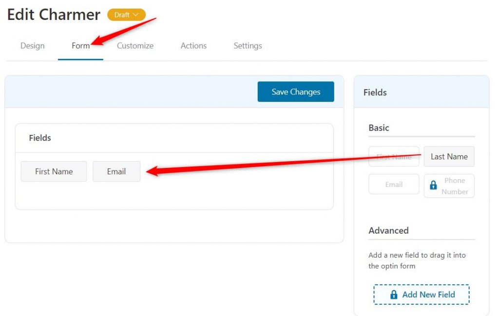 dragging and dropping the form fields