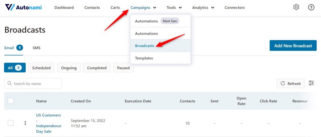 creating a new broadcast campaign in FunnelKit Automations