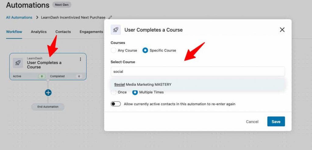 Configure the 'User completes a course' event 