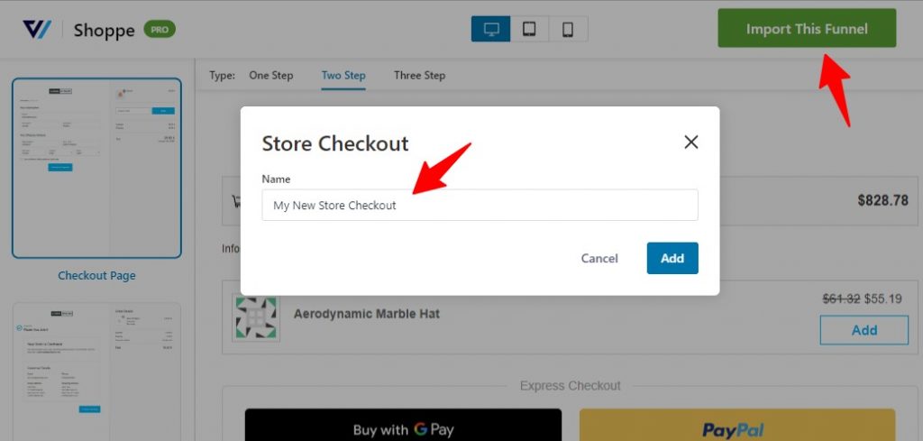 Name your store checkout and import the funnel