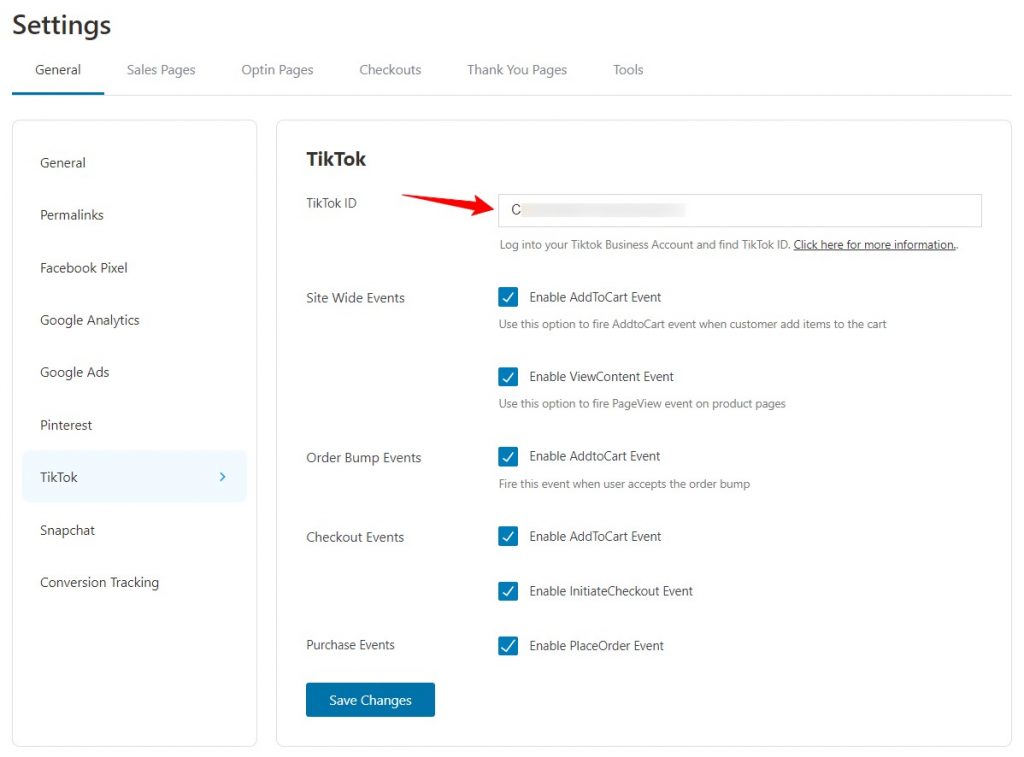 Paste the TikTok ID in FunnelKit (formerly WooFunnels)