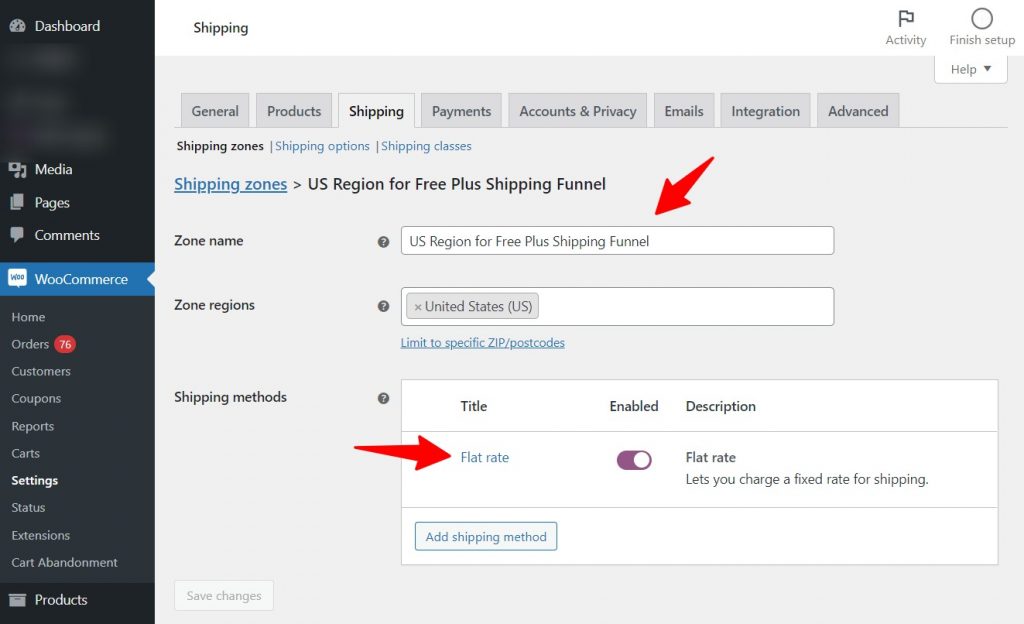 Add the zone name and regions to serve customers for your free plus shipping funnel