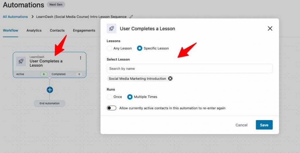 Configure the LearnDash 'user completes a lesson' event trigger