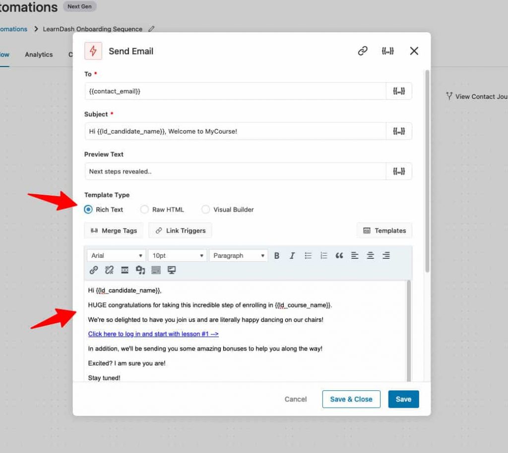 LearnDash email content - used different merge tags