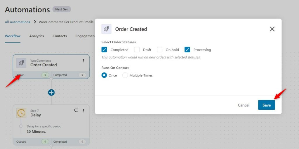 selecting the order statuses for WooCommerce per product emails