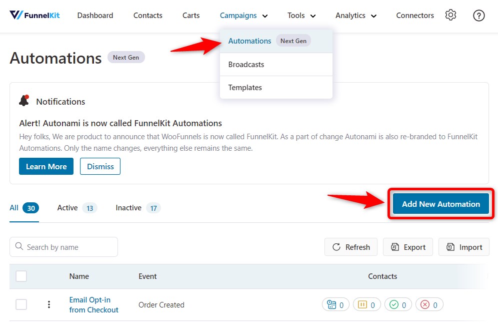 Go to Campaigns ⇨ Automation (Next Gen) and click on Add New