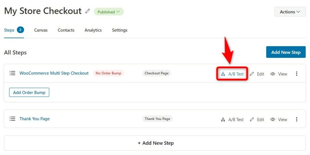 Click on A/B Test next to your WooCommerce multi step checkout page