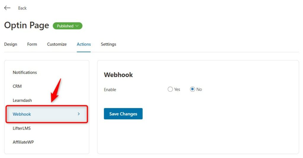 Enable the webhook option by clicking on “Yes” next to it