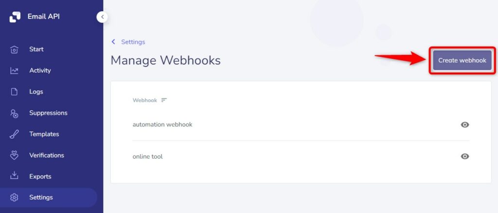 Click on the 'Create webhook' button